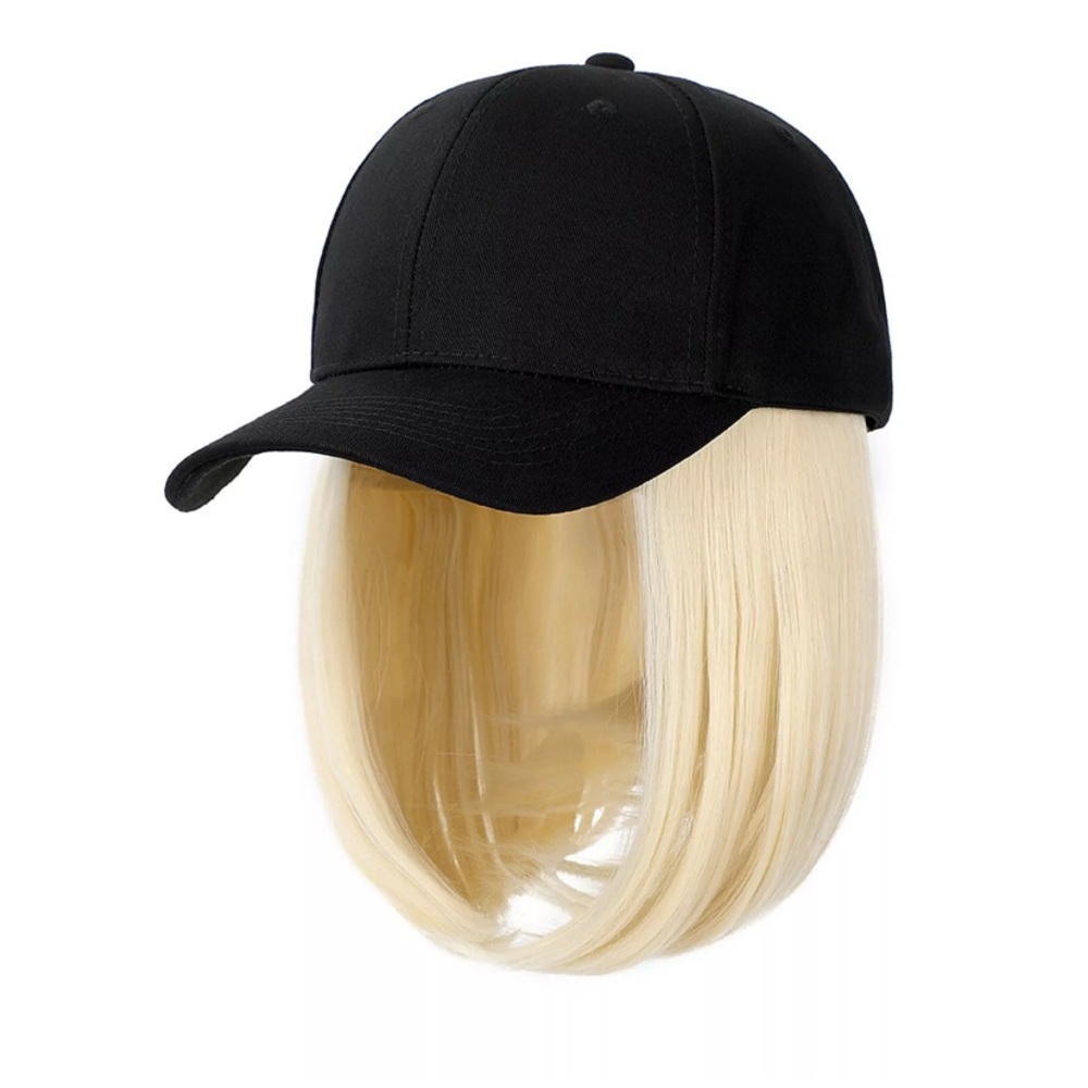 Baseball Cap Wigs Women Black Hat Blonde Bob Hair Attached Hairpieces ShortWig